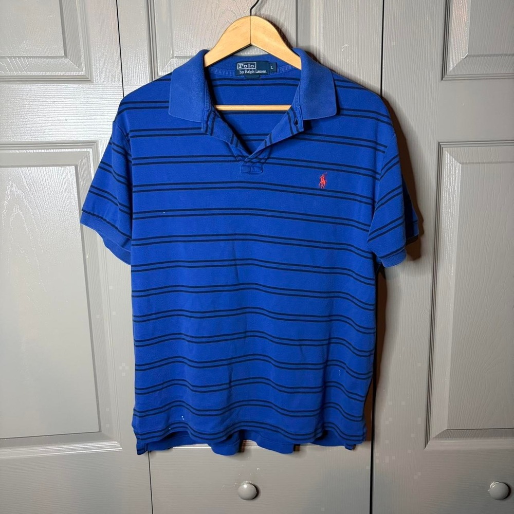 Polo Ralph Lauren Mens Blue Striped Short Sleeve Polo Shirt Large Red Pony Logo